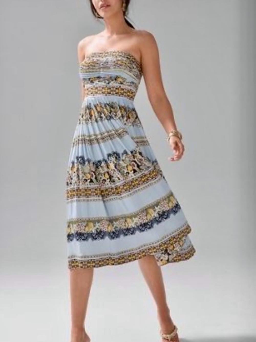 White House Black Market Light Blue Strapless Floral Border Midi Dress